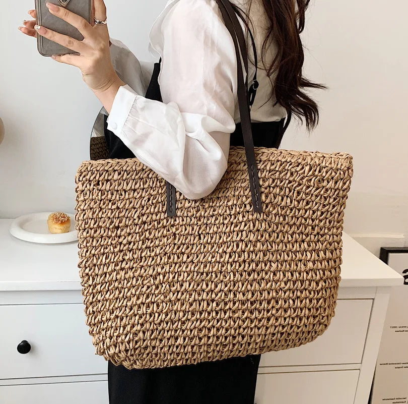Tas Voor Dames – Grote Gevlochten Tote Bag / Shopper Met Lange Schouderhengsels Voor Strand, Vakantie & Dagelijks Gebruik (Zomer, Voorjaar)