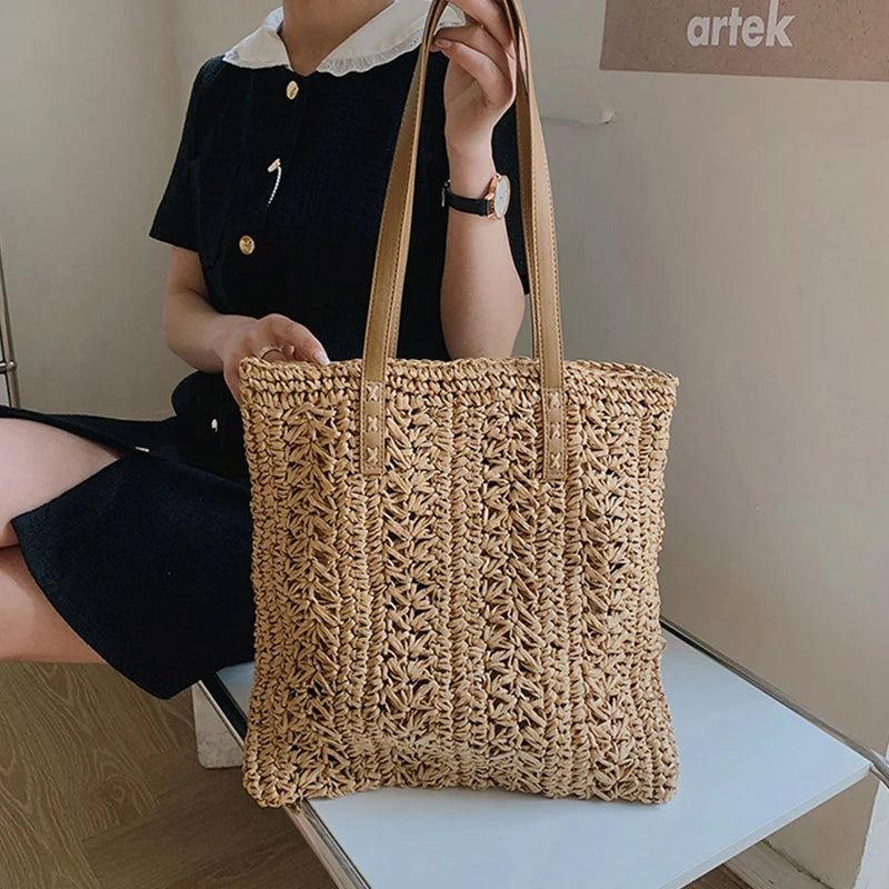 Tas Voor Dames – Luxe Gehaakte Tote Bag Met Leren Schouderhengsels Voor Strand, Vakantie & Dagelijks Gebruik (Zomer, Voorjaar)