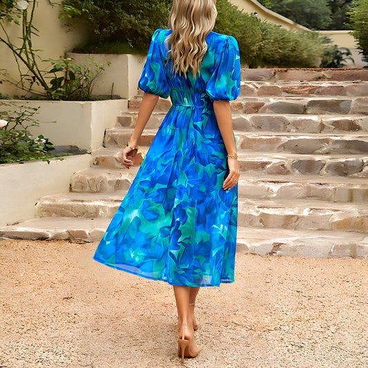Dames Midi-Jurk Met Blauwe Bloemenprint, Pofmouwen En V-Hals – Lente, Zomer En Vroege Herfst