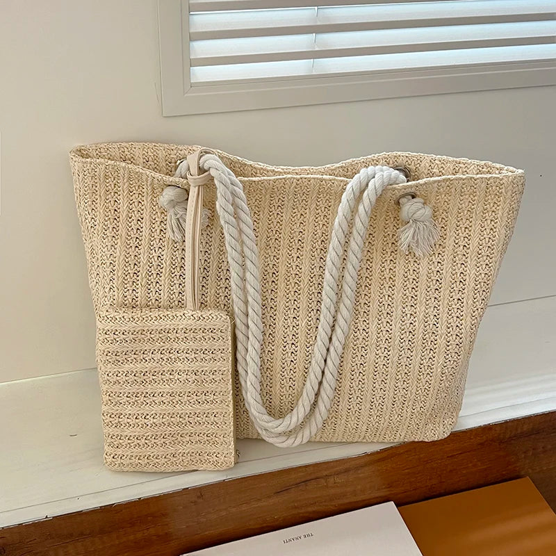 Gevlochten strandtas voor dames – touwhengsels, ruim formaat & ideaal voor reizen (voorjaar, zomer)