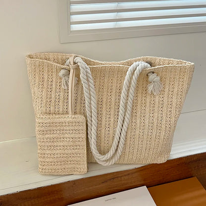 Gevlochten strandtas voor dames – touwhengsels, ruim formaat & ideaal voor reizen (voorjaar, zomer)