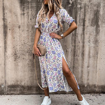 Dames Midi-Jurk Met Bloemenprint, Split En Elastische Taille – Lente, Zomer En Vroege Herfst