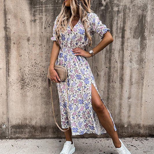 Dames Midi-Jurk Met Bloemenprint, Split En Elastische Taille – Lente, Zomer En Vroege Herfst