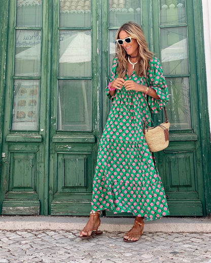 Dames Maxi-Jurk Met Vrolijke Print En Wijde Mouwen – Lente, Zomer En Vakantie
