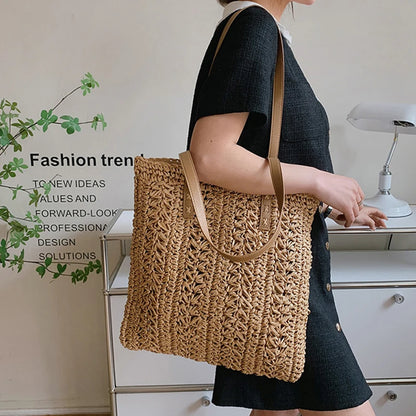 Tas Voor Dames – Luxe Gehaakte Tote Bag Met Leren Schouderhengsels Voor Strand, Vakantie & Dagelijks Gebruik (Zomer, Voorjaar)