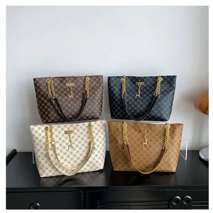 Luxe schoudertas voor dames – elegant patroon, gouden kettinghengsels & ruime indeling