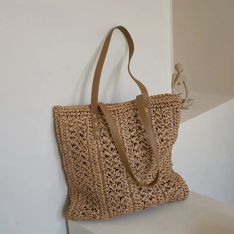 Tas Voor Dames – Luxe Gehaakte Tote Bag Met Leren Schouderhengsels Voor Strand, Vakantie & Dagelijks Gebruik (Zomer, Voorjaar)