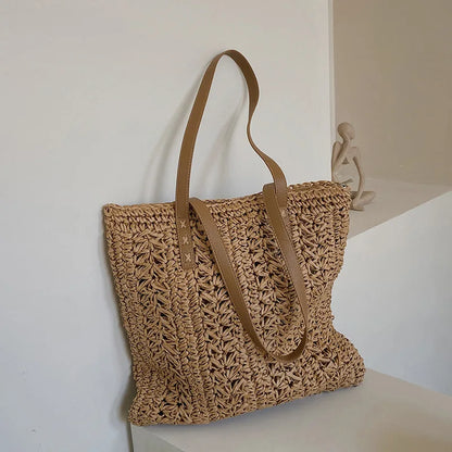 Tas Voor Dames – Luxe Gehaakte Tote Bag Met Leren Schouderhengsels Voor Strand, Vakantie & Dagelijks Gebruik (Zomer, Voorjaar)