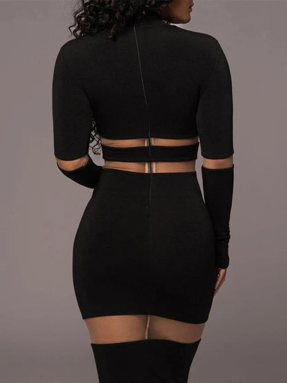 Twee-Delige Dames Set Met Meshpanelen – Bodycon Crop Top En Midi Rok Met Cut-Out Details