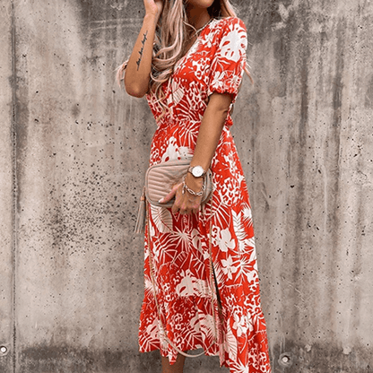 Dames Midi-Jurk Met Bloemenprint, Split En Elastische Taille – Lente, Zomer En Vroege Herfst