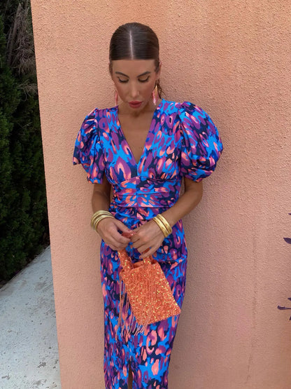 Dames Midi-Jurk Met Pofmouwen, Cut-Out En Bloemenprint – Lente, Zomer En Vroege Herfst