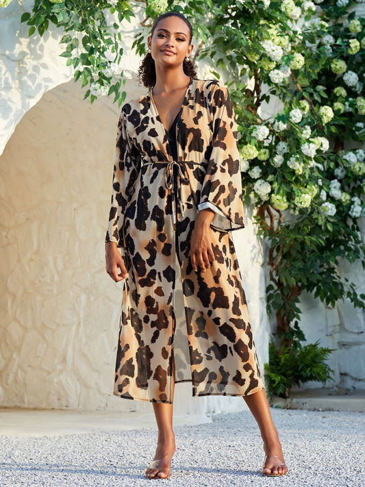 Dames Overslagjurk Met Luipaardprint En Lange Mouwen – Lente, Zomer En Herfst