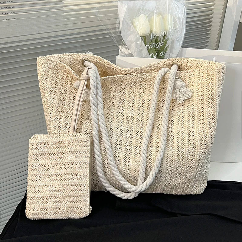 Gevlochten strandtas voor dames – touwhengsels, ruim formaat & ideaal voor reizen (voorjaar, zomer)