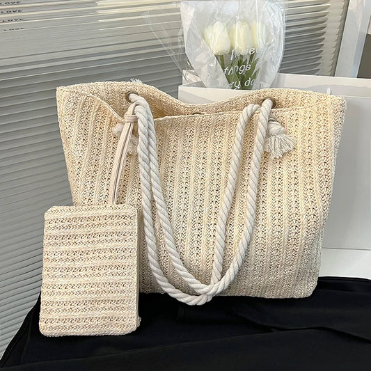 Gevlochten strandtas voor dames – touwhengsels, ruim formaat & ideaal voor reizen (voorjaar, zomer)