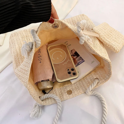 Gevlochten strandtas voor dames – touwhengsels, ruim formaat & ideaal voor reizen (voorjaar, zomer)