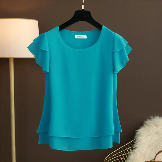 Chiffontop Met Dubbele Volantmouw – Elegantie In Een Luchtige Laag