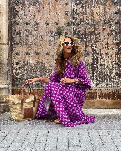 Dames Maxi-Jurk Met Vrolijke Print En Wijde Mouwen – Lente, Zomer En Vakantie