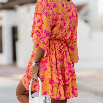 Dames Mini-Jurk Met Tropische Print, Vleermuismouwen En Volantrok – Lente, Zomer En Vroege Herfst