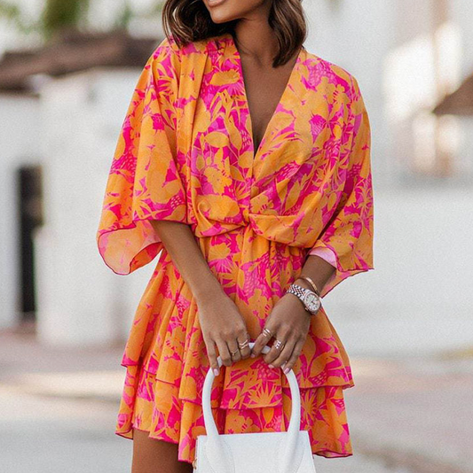 Dames Mini-Jurk Met Tropische Print, Vleermuismouwen En Volantrok – Lente, Zomer En Vroege Herfst
