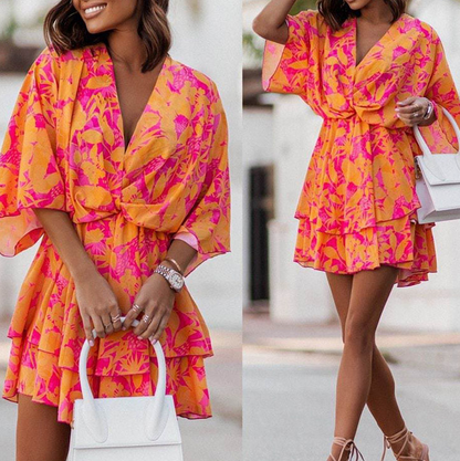 Dames Mini-Jurk Met Tropische Print, Vleermuismouwen En Volantrok – Lente, Zomer En Vroege Herfst