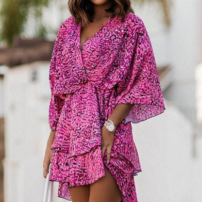 Dames Mini-Jurk Met Tropische Print, Vleermuismouwen En Volantrok – Lente, Zomer En Vroege Herfst