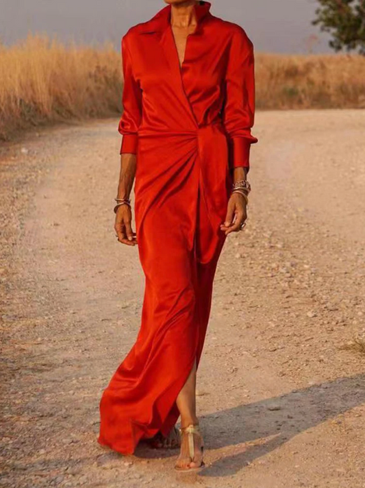 Dames Maxi-Jurk Met Satijnlook, Overslag En Lange Mouwen – Lente, Zomer En Vroege Herfst
