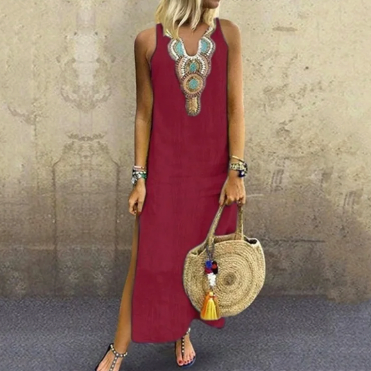 Zomerse Maxi-Jurk Met Kralendetail – Mouwloze Gele Jurk Met Etnische Halslijn
