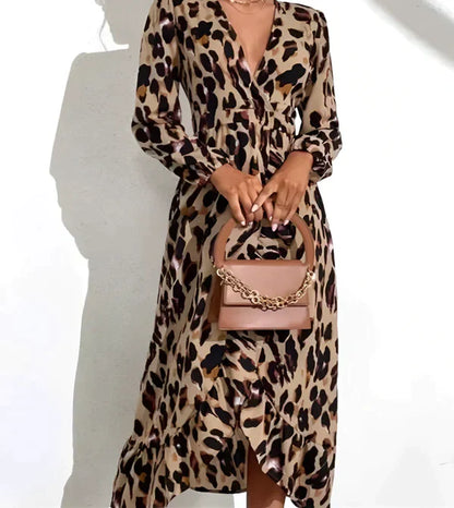 Dames Overslagjurk Met Luipaardprint En Lange Mouwen – Lente, Zomer En Herfst