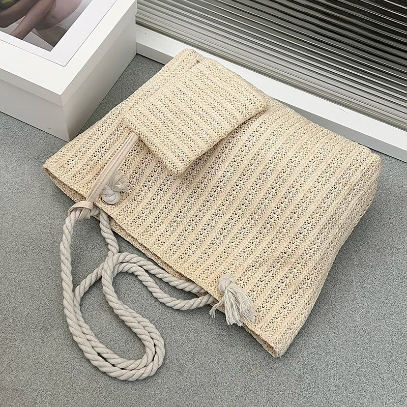 Gevlochten strandtas voor dames – touwhengsels, ruim formaat & ideaal voor reizen (voorjaar, zomer)