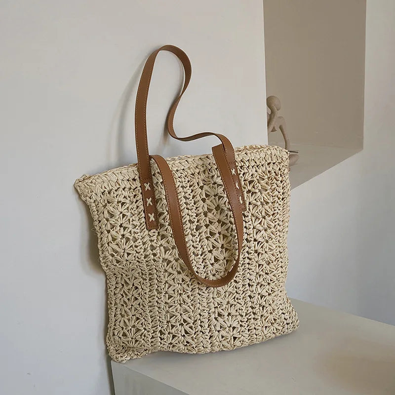 Tas Voor Dames – Luxe Gehaakte Tote Bag Met Leren Schouderhengsels Voor Strand, Vakantie & Dagelijks Gebruik (Zomer, Voorjaar)