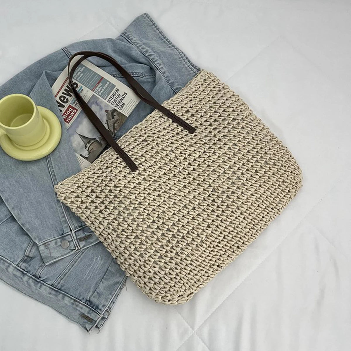 Tas Voor Dames – Grote Gevlochten Tote Bag / Shopper Met Lange Schouderhengsels Voor Strand, Vakantie & Dagelijks Gebruik (Zomer, Voorjaar)