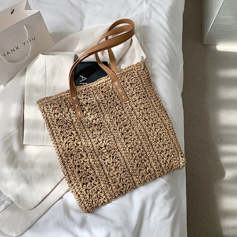 Tas Voor Dames – Luxe Gehaakte Tote Bag Met Leren Schouderhengsels Voor Strand, Vakantie & Dagelijks Gebruik (Zomer, Voorjaar)