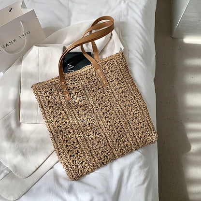 Tas Voor Dames – Luxe Gehaakte Tote Bag Met Leren Schouderhengsels Voor Strand, Vakantie & Dagelijks Gebruik (Zomer, Voorjaar)