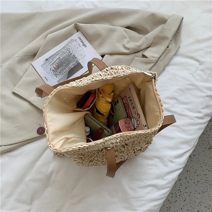 Tas Voor Dames – Luxe Gehaakte Tote Bag Met Leren Schouderhengsels Voor Strand, Vakantie & Dagelijks Gebruik (Zomer, Voorjaar)