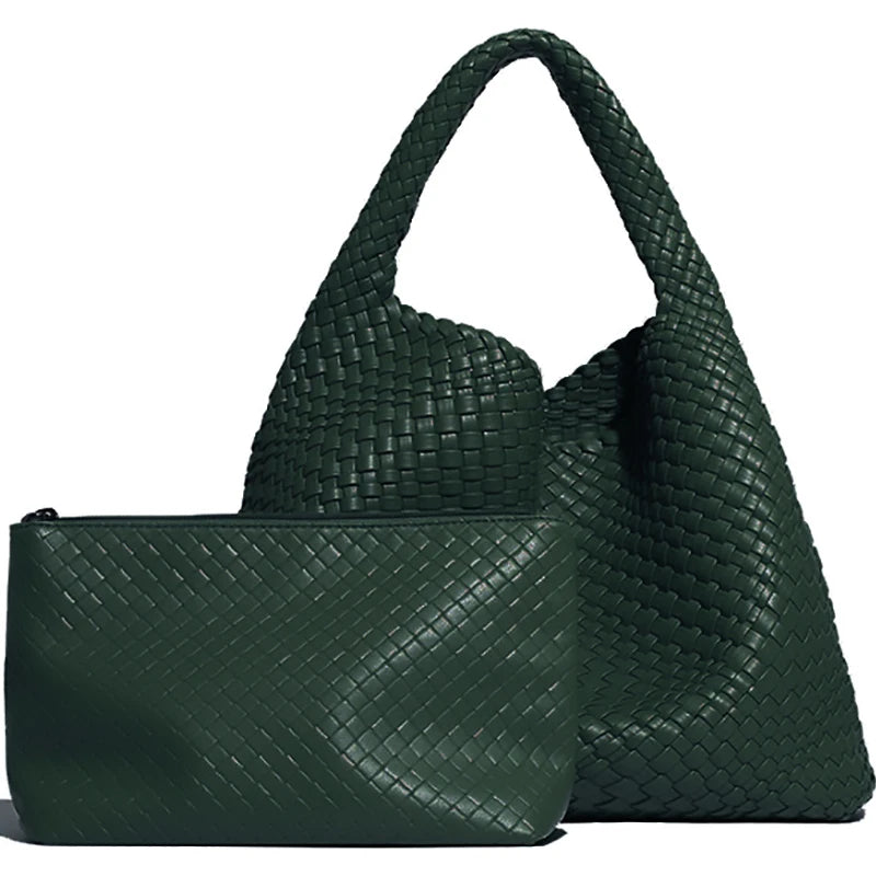 Luxe Gevlochten Schoudertas Met Bijpassende Pouch / 2-in-1 Set Voor Werk, Stad & Dagelijks Gebruik (Vier Seizoenen)
