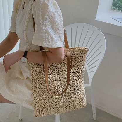 Tas Voor Dames – Luxe Gehaakte Tote Bag Met Leren Schouderhengsels Voor Strand, Vakantie & Dagelijks Gebruik (Zomer, Voorjaar)