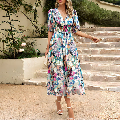 Dames Midi-Jurk Met Blauwe Bloemenprint, Pofmouwen En V-Hals – Lente, Zomer En Vroege Herfst