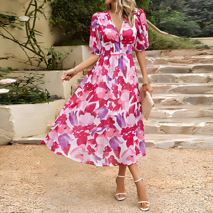Dames Midi-Jurk Met Blauwe Bloemenprint, Pofmouwen En V-Hals – Lente, Zomer En Vroege Herfst