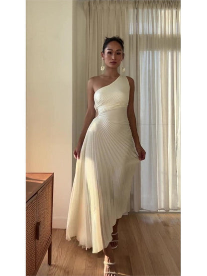 Elegante Geplooide Jurk Dames – Asymmetrische One-Shoulder Zomerjurk Met Uitsnede En Hoge Taille