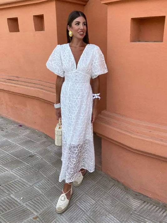 Dames Maxi-Jurk Met Borduureffect, V-Hals En Pofmouwen – Lente, Zomer En Vroege Herfst