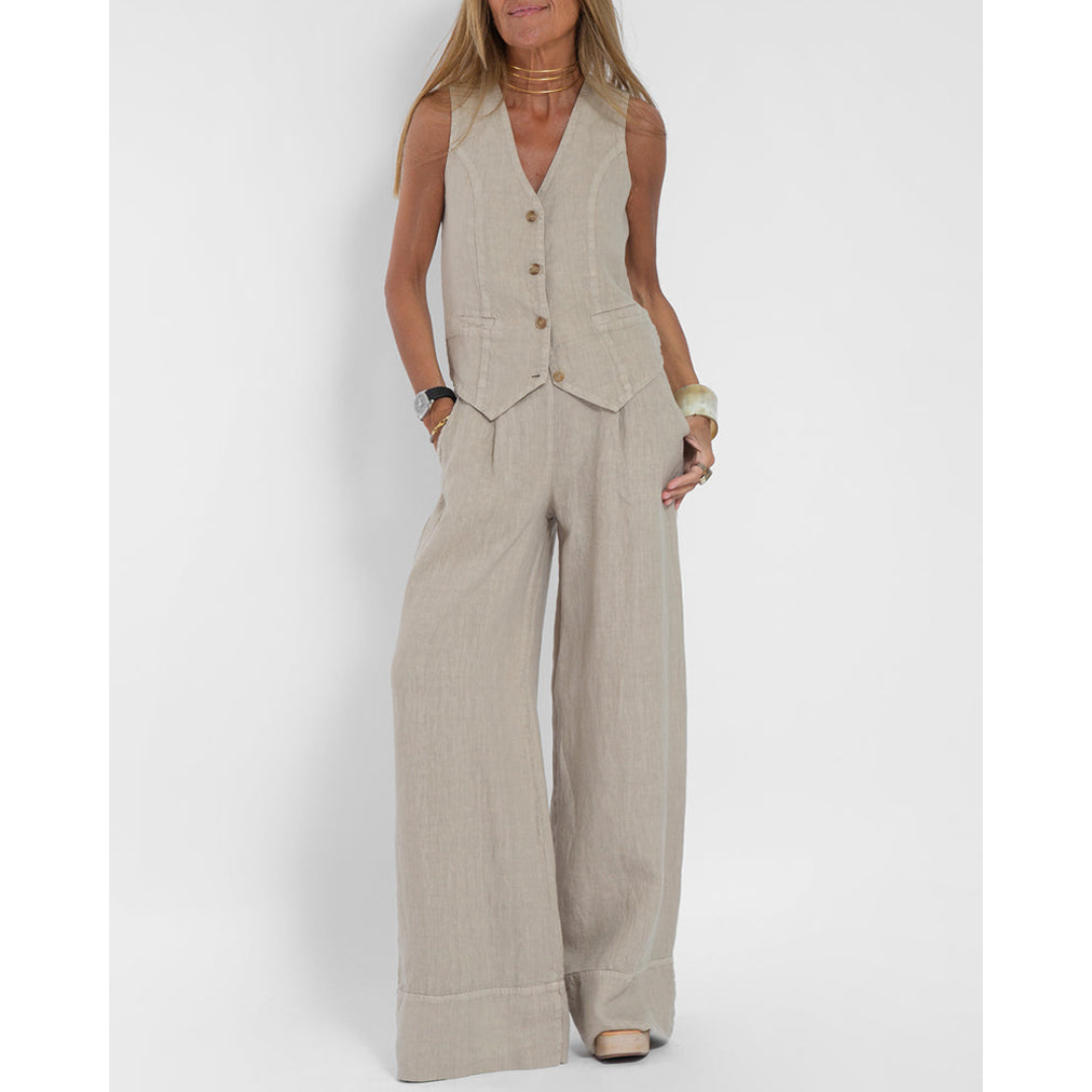 Linnenmix Look Set Met Mouwloos Gilet En Wijde Pantalon – Relaxed En Stijlvol