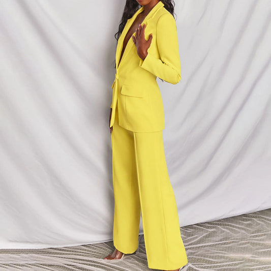 Damespak Met Diepe V-Hals Blazer En Wijde Pantalon – Ideaal Voor Lente, Zomer En Herfst