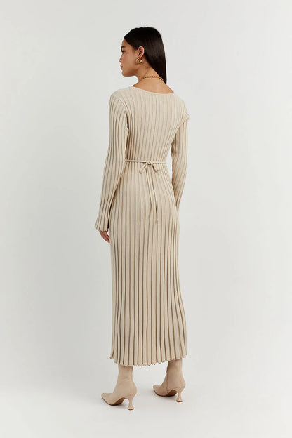 Dames Ribgebreide Maxi-Jurk Met V-Hals En Lange Mouwen – Voorjaar, Zomer En Herfst