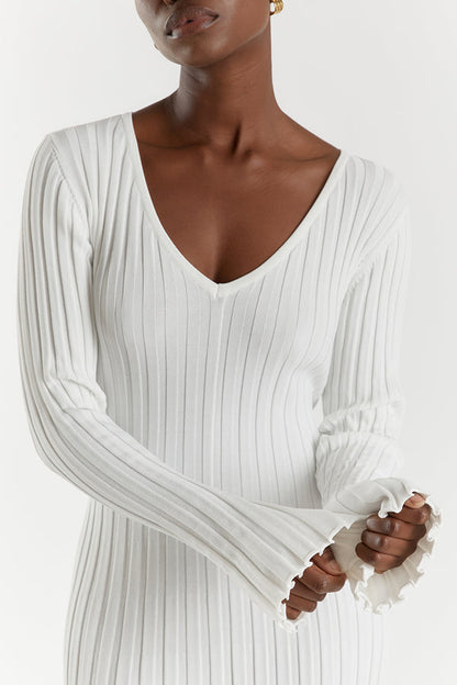 Dames Ribgebreide Maxi-Jurk Met V-Hals En Lange Mouwen – Voorjaar, Zomer En Herfst