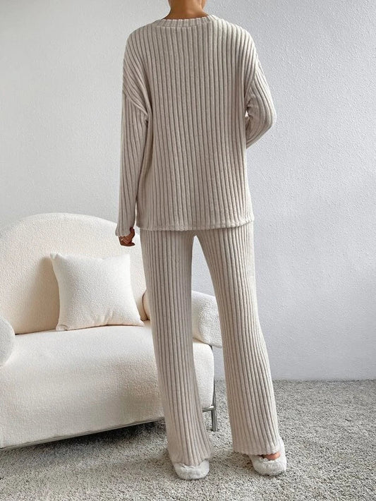Geribde Dames Lounge Set Met V-Hals Top En Rechte Broek – Herfst, Winter En Voorjaar