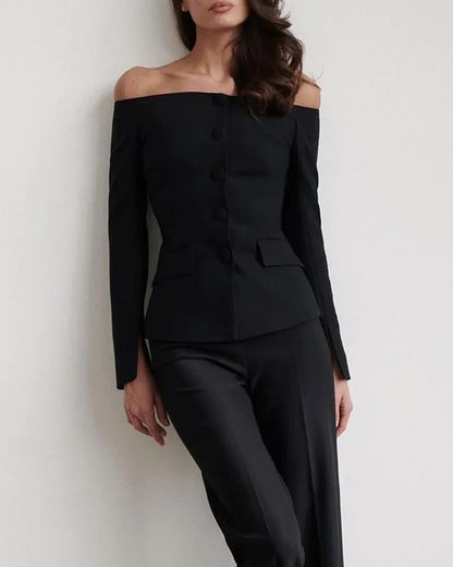 Dames Off-Shoulder Pak Met Getailleerde Blazer En Wijde Pantalon – Ideaal Voor Herfst, Winter En Voorjaar