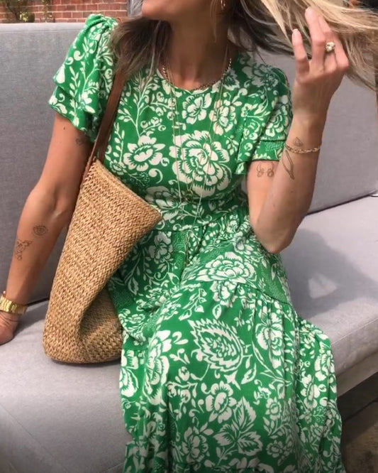 Dames Midi-Jurk Met Bloemenprint En Korte Mouwen – Lente, Zomer