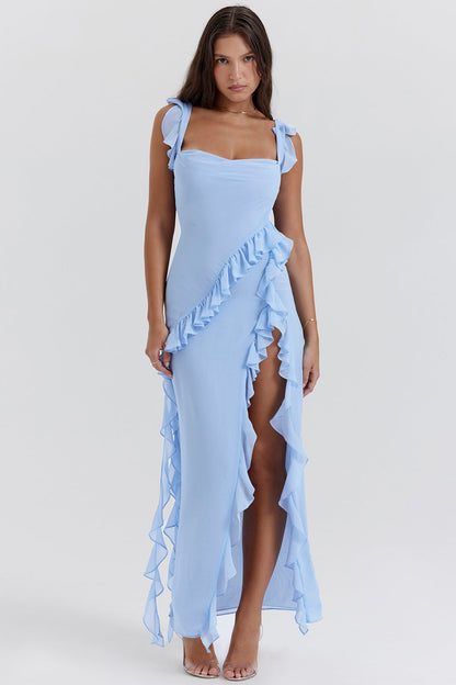 Elegante Asymmetrische Avondjurk Met Ruches En Hoge Split – Verfijnd En Verleidelijk