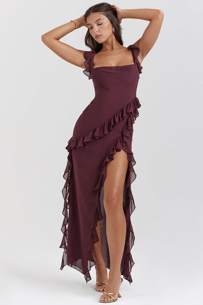 Elegante Asymmetrische Avondjurk Met Ruches En Hoge Split – Verfijnd En Verleidelijk