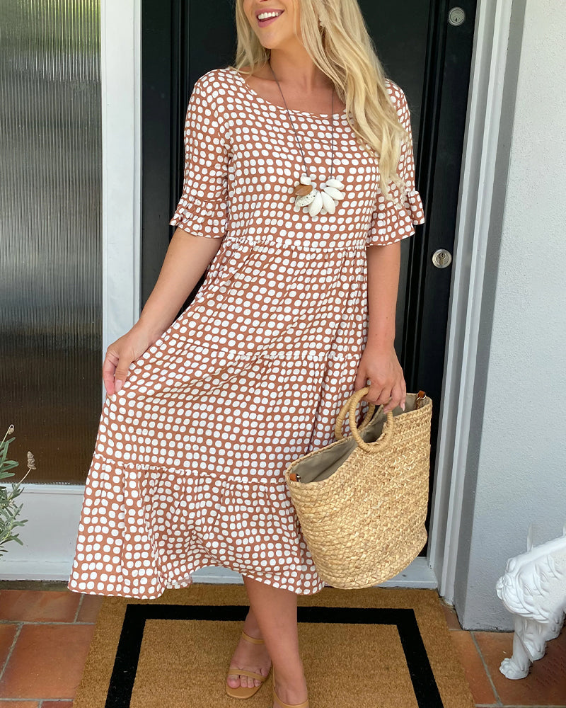 Dames Midi-Jurk Met Stippenprint En Ruches – Lente, Zomer En Vroege Herfst
